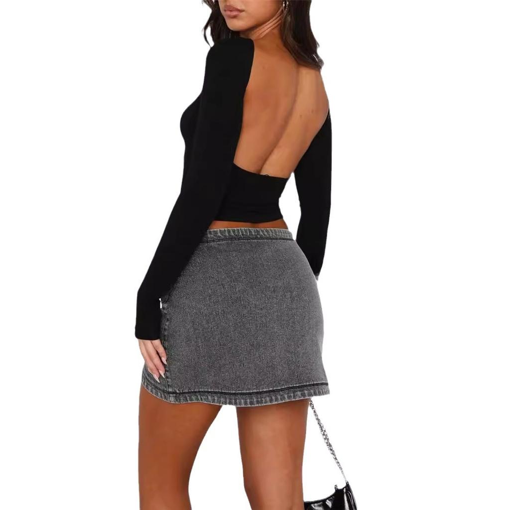 Женская футболка с открытым пупком и вырезом на спине, тонкая, с длинными рукавами