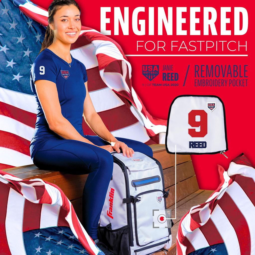Franklin Sports Fastpitch Softball Bat Bag USA Traveler Elite Bat Backpack Equipment Bat Pack Fits Cleats Bats White - - Girls' & Women's - Helmet, +
