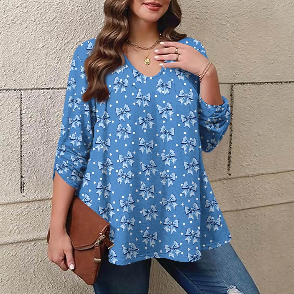 Women's Plus Size Fashion Printed Casual Pleated Round Neck Long Sleeve Top
