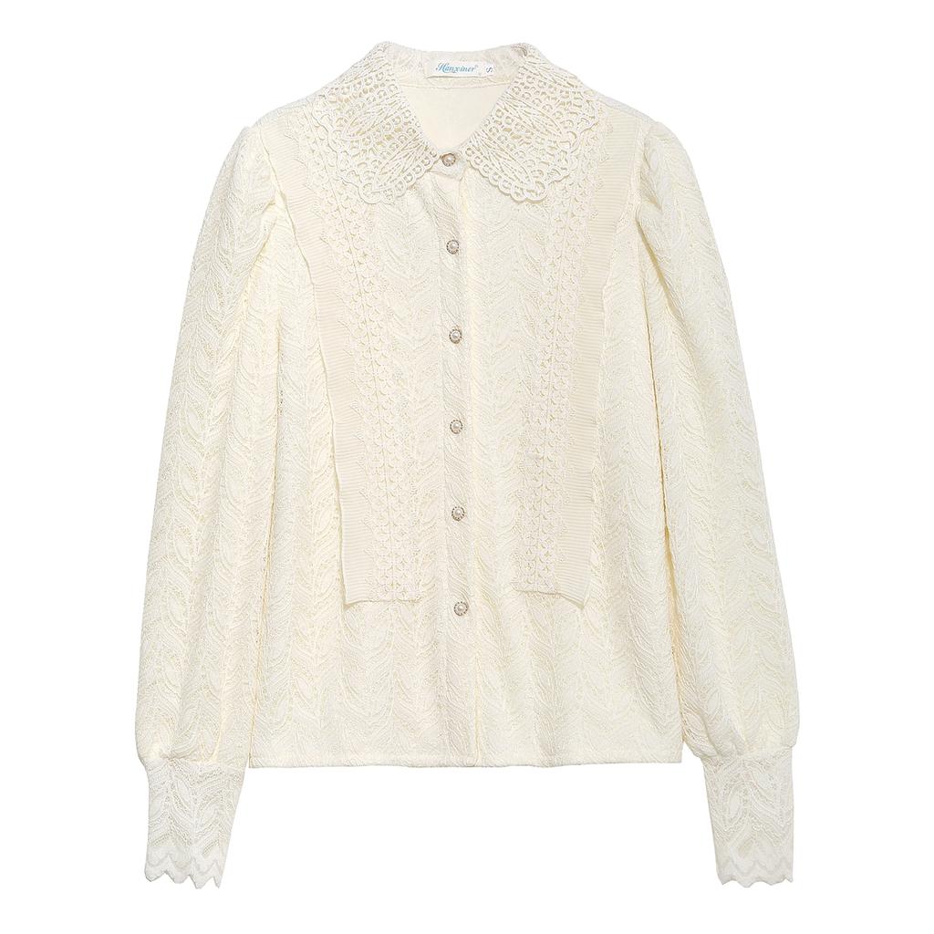 New 2025 Fashion Winter Long Sleeve Turn Down Collar Apricot Velvet Lace Blouse Shirt Women Tops Blouses Shirts J782