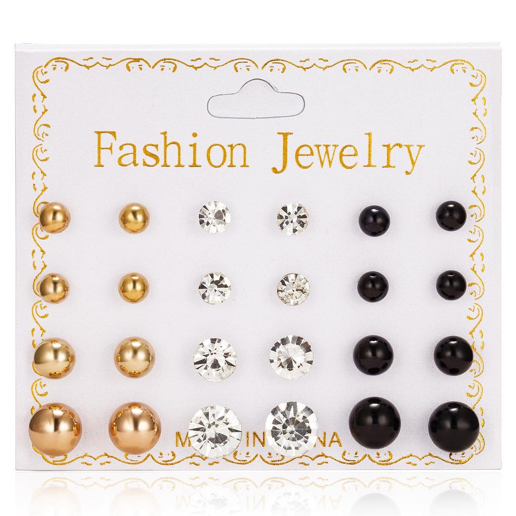 12 Pairs of Zircon Stud Earrings: Pearl, Flower & Bow Designs