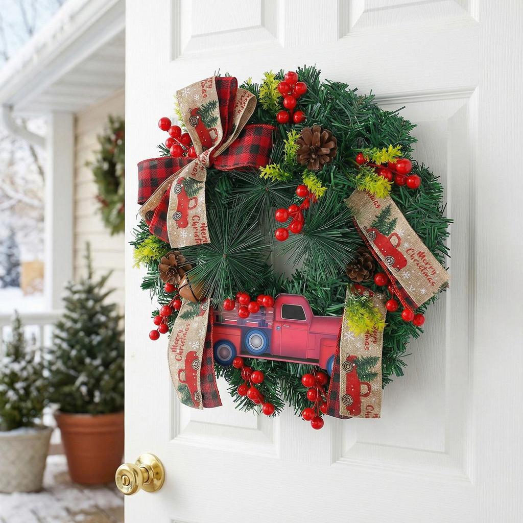 Festive Rattan Wreath with Red Truck - Farmhouse Style Christmas Door Decoration