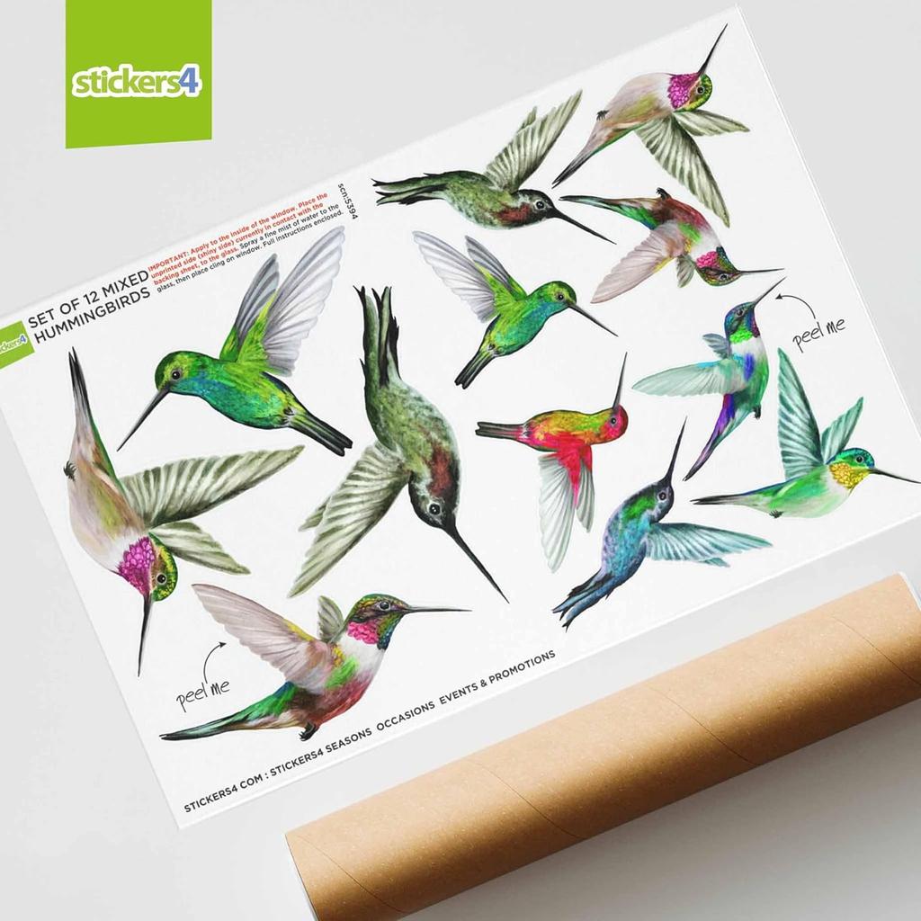 12-Pack Hummingbird Window Clings - Lifelike, Colourful Decals to Prevent Bird Strikes -Double-Sided for Bird Window Strike Prevention - Stop Birds