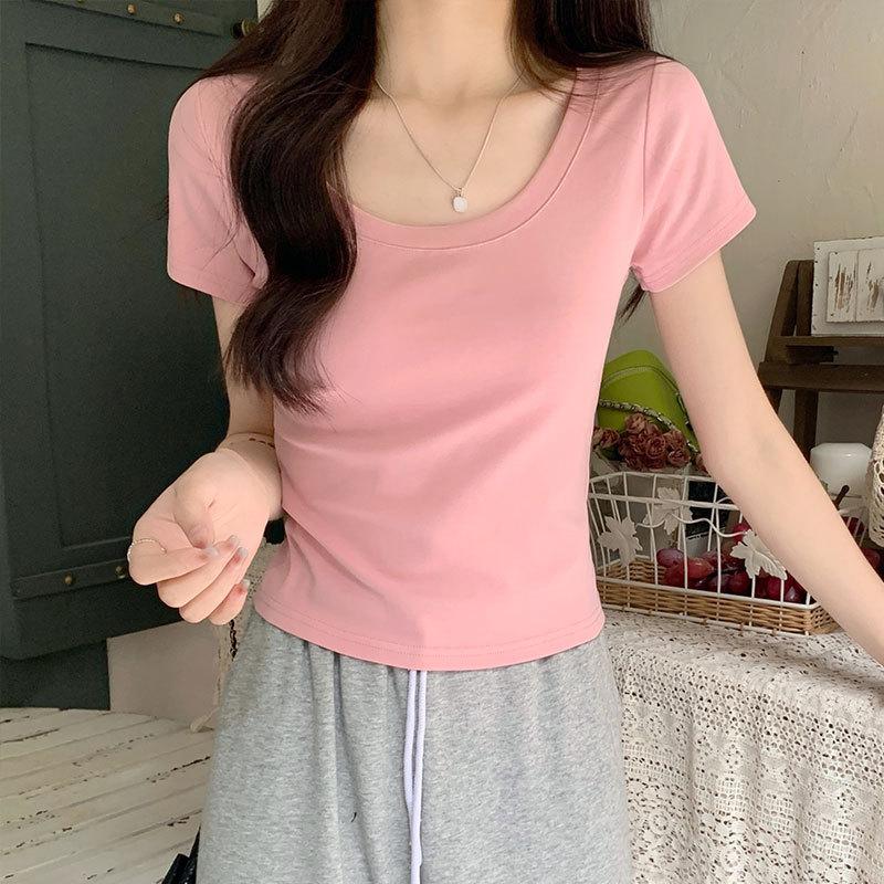 Big Round Neck Elastic Slimming Short-sleeved Top Women's Summer Short Solid Color Versatile Hot Girl Lively Age-reducing T-shirt