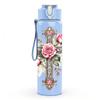 1PC Pink Rose Flower Cross Religious Print 750ml Color Plastic Sports Water Bottle Leakproof Flip Straw Lid Suitable for Sports Office Home Use