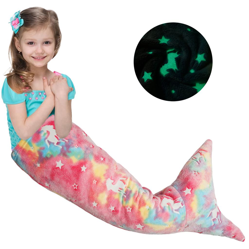 Flannel Mermaid Sleeping Bag Super Soft Luminous Mermaid Blanket Flannel Girls Mermaid Tail Blanket Gifts for Girls 3 to 6 Years