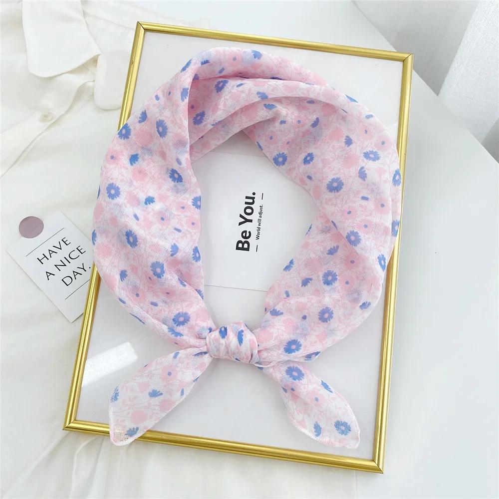 Floral Print Neckerchief Small Hijab Scarfs Women Fashion Handkerchief Neck Scarf Shawls Cotton Blends Korean Hair Scarves 58CM