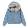 Women's Autumn/Winter Solid Colour Hooded Pocket Plush Denim Jacket Cotton Jacketet
