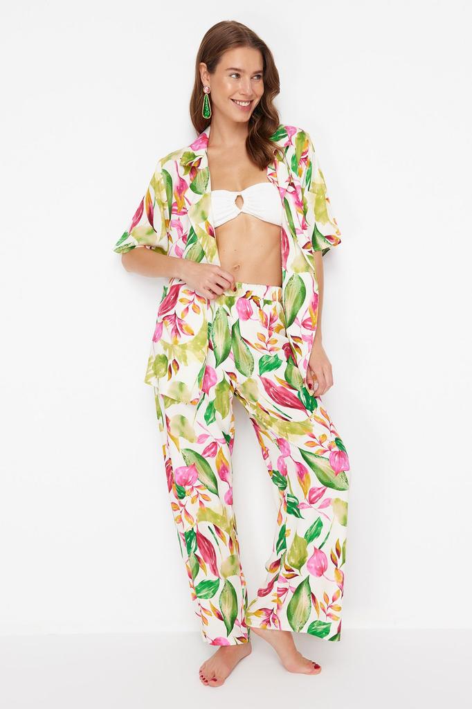 Women's Style Bottom-Top Set Clothes Floral Patterned Belted Woven Kimono Trouser Set
