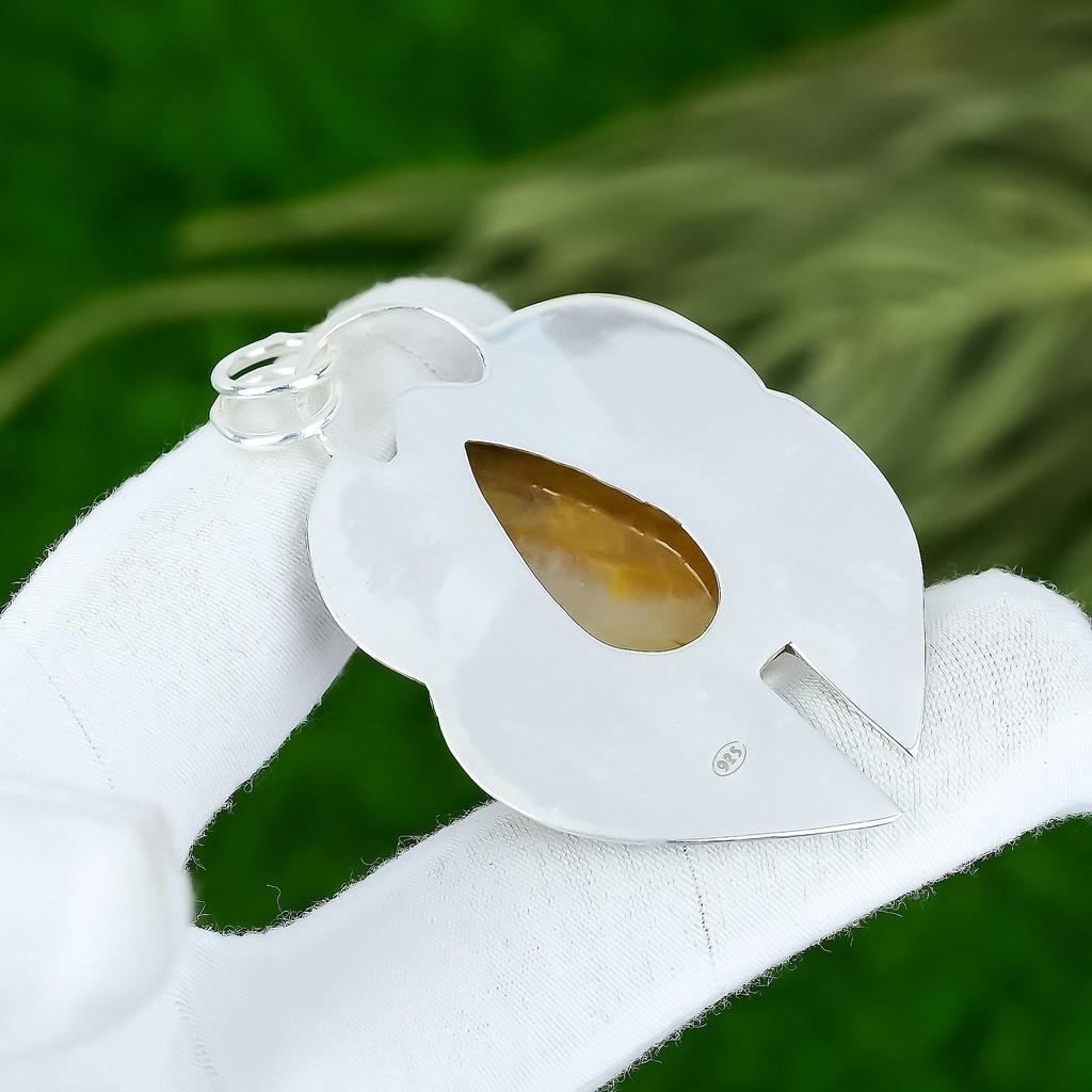 925 Silver Pear Plume Agate Gemstone Unique Artisan New Handcrafted Wife Pendant