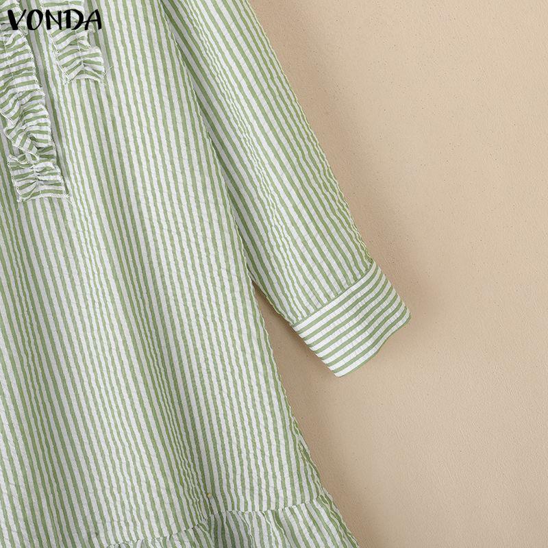 VONDA Женское повседневное свободное платье-рубашка с отложным воротником, длинными рукавами, полосатое, с оборками