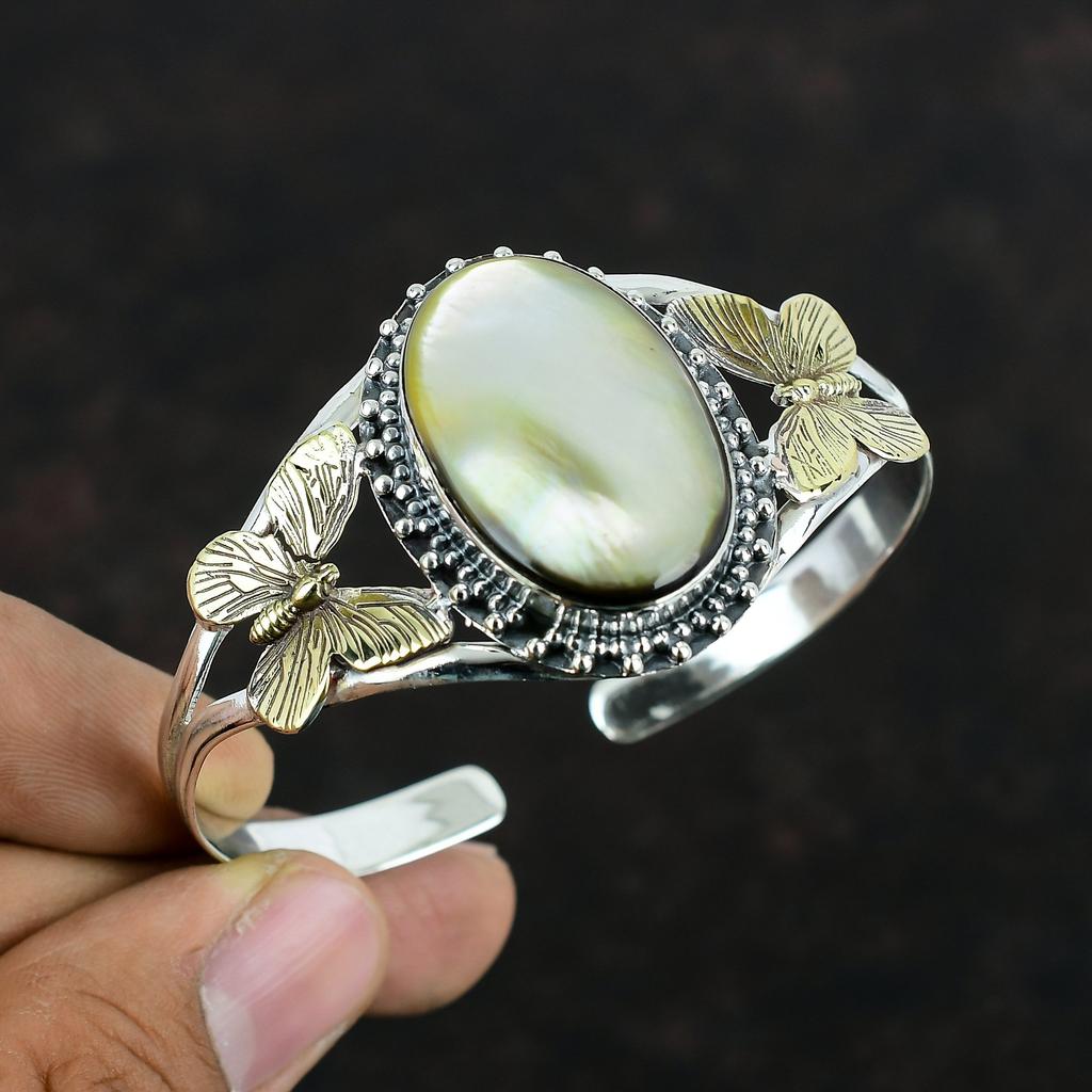 Mother Of Pearl Gemstone Cuff Bracelet Adjustable Butterfly Bangle 925 Sterling Silver Bangle Handmade 18K Gold Plated Bangle Gifts For Him