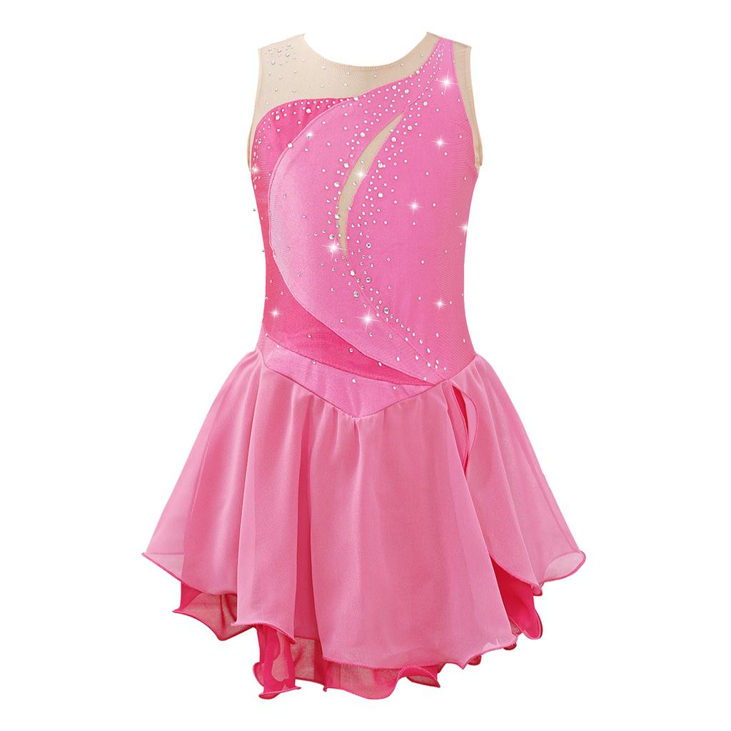 Girls' Figure Skating Dress Sleeveless Glitter Rhinestone Ballet Leotard Dress Competition Costume Gymnastics Suit