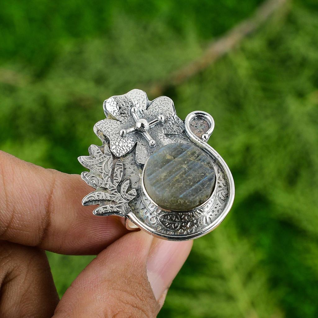 925 Silver Natural Labradorite Rough Solitaire Flower Adjustable Ring
