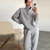 Женские повседневные свободные однотонные толстовки с капюшоном, комплекты из двух частей, с длинным рукавом, воротником-стойкой, пуловер на пуговицах, прямые спортивные штаны, спортивный костюм