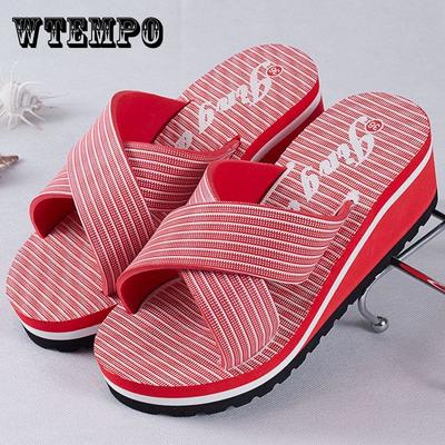 Женские сандалии на толстой подошве, полосатые нескользящие тапочки на танкетке на толстой подошве, летние пляжные тапочки