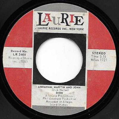 7-дюймовая пластинка DION - Abraham, Martin And John / Daddy Ro LR3464 LAURIE 1968 США Рок Б/у