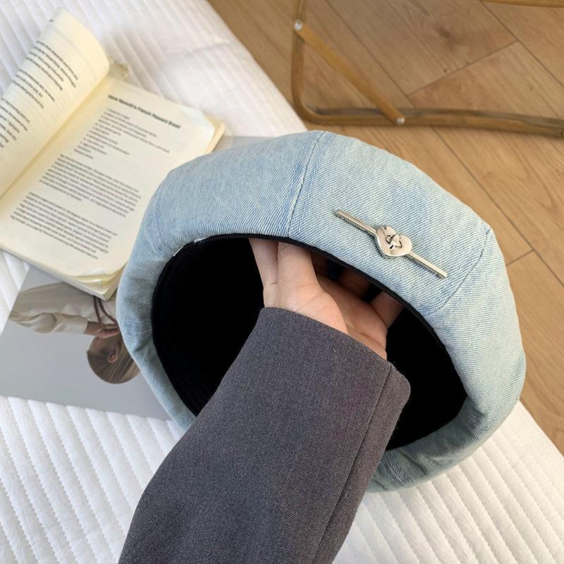 Берет Женский Любовь вываренный Деним Восьмиугольная Шляпа Тонкая Дышащая Восьмиугольная Шляпа Художника Большой Обхват Головы Подчеркивающий Лицо Маленькая Шляпа