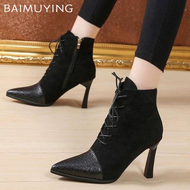 Замшевые женские ботильоны с острым носком, сексуальные туфли на высоком каблуке 2025 года, модные туфли на шнуровке, дизайнерские зимние туфли-лодочки Chelsea Botas Mujer