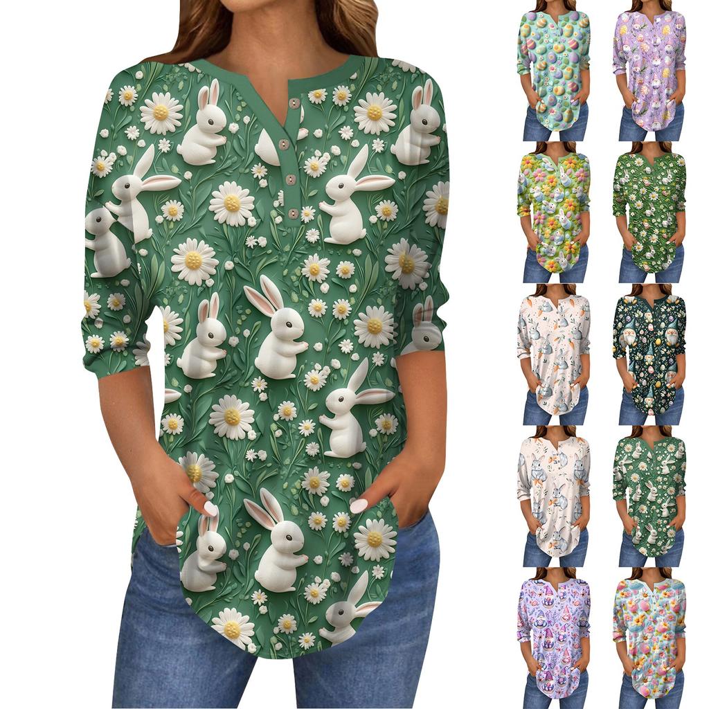 Women's 3/4 Sleeve Easter Egg Bunny Print Button Collar Fashion Casual Top