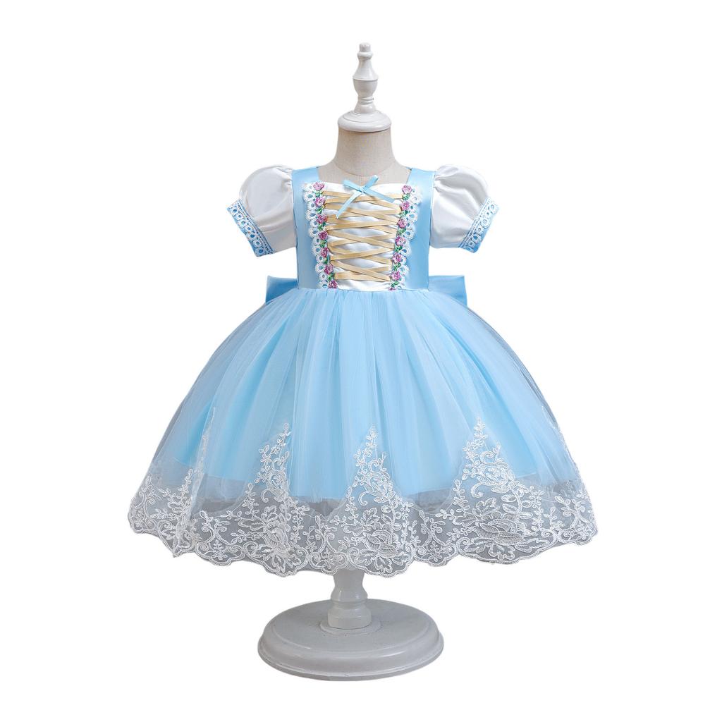 Children's Bow Girls Dress Rapunzel Mesh Dress Sleeping Beauty Bubble Sleeve Dress Dress