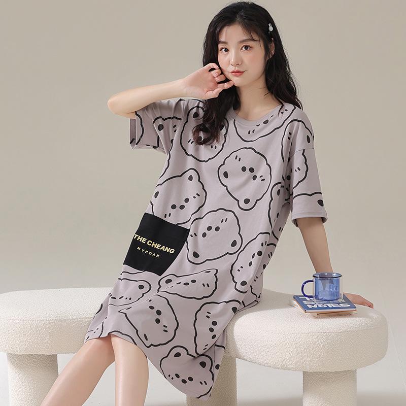 2024 Women's Cute Cartoon Summer Short-Sleeve Nightdress, Thin Large Size, Indoor/Outdoor Wear