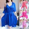 2 Pcs/Set Nightdress Set V Neck Flower Edge Bow Decor Solid Color Silky Lace Up Tight Waist Backless Knee Length Comfortable Half Sleeve Bathrobe Set