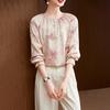 Spring and Summer New Double Crepe Silk Printed Shirt Women's Mulberry Silk Long-sleeved Pullover Temperament Noble Top