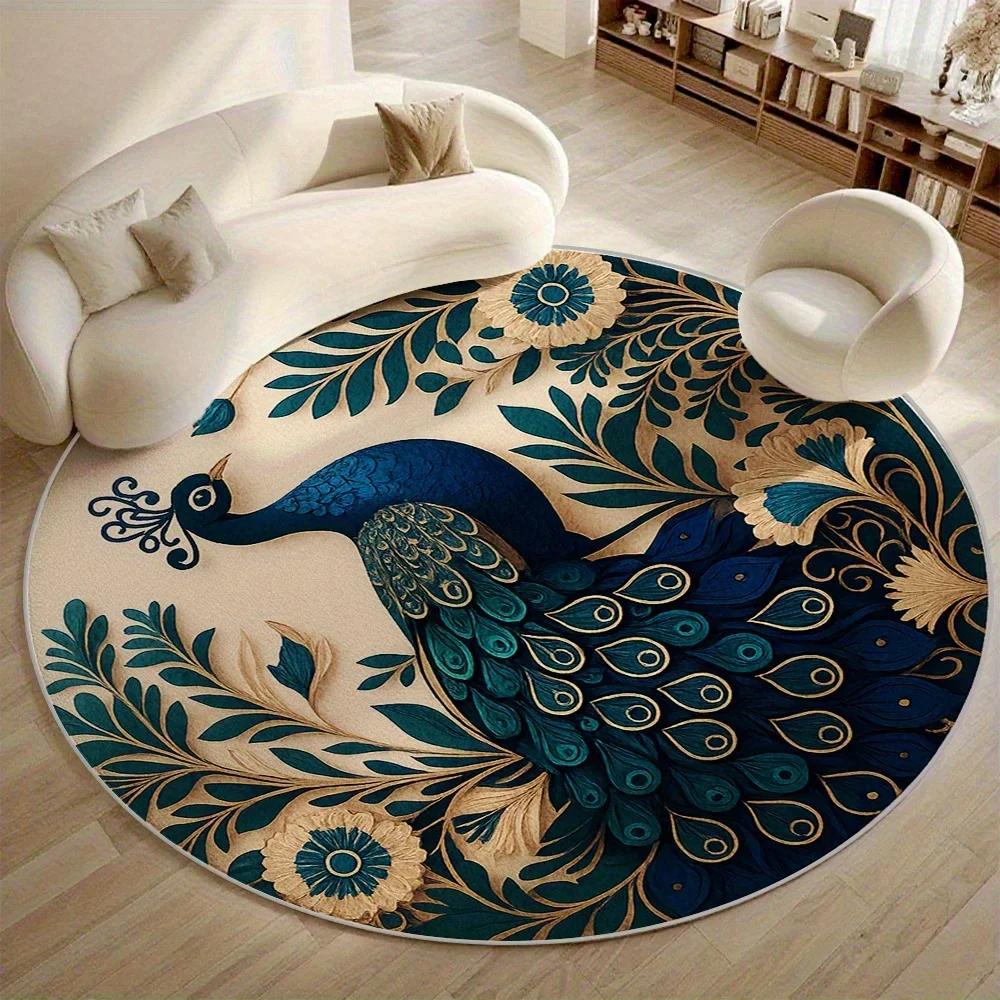 ~O~Luxury Turquoise & Gold Peacock Round Rug – Non-Slip Floor Mat for Living Room, Bedroom & Home Decor