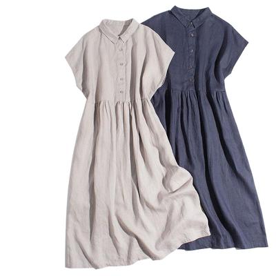 Летняя Новая Литературная Маленький Лацкан Плечо Рукав Рубашка Юбка Короткий Рукав Повседневное Платье Женщины