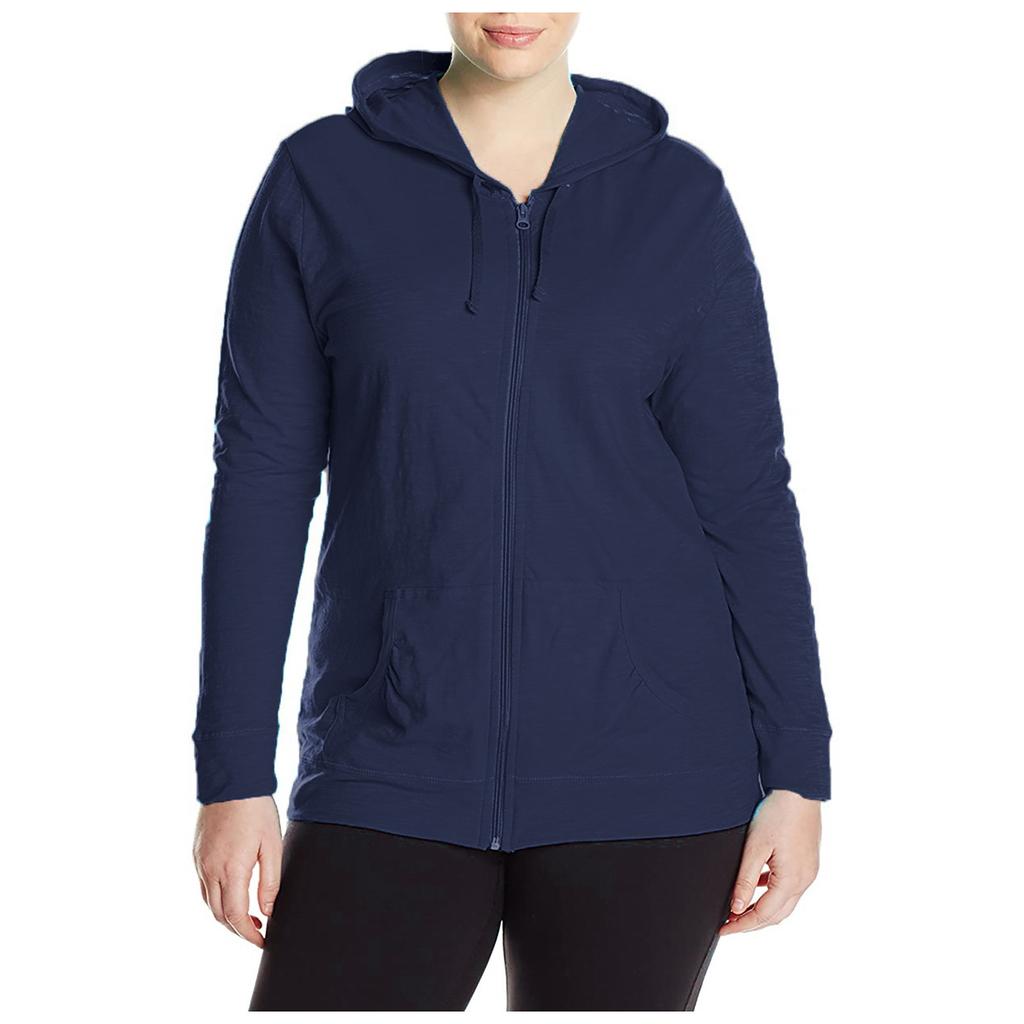 Women's Casual Solid Color Long Sleeve Loose Full Zip-Jersey Hoodie Tops Plus