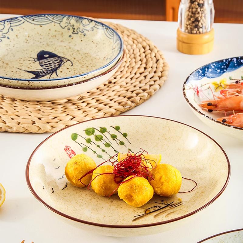 Современный стиль, расписанная вручную керамическая тарелка, креативные круглые тарелки для фруктового салата, домашняя тарелка для десерта к чаю в стиле ретро