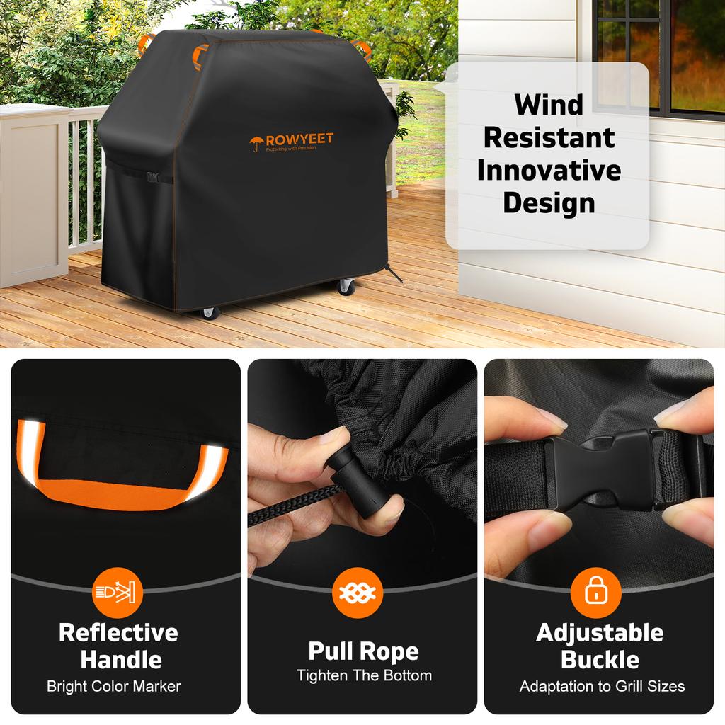 [Ry-210 Orange Line Bbq Cover] Rowyeet Outdoor Bbq Grill Cover, Waterproof and Uv-Resistant Gas Grill Cover, with Adjustable Hem,