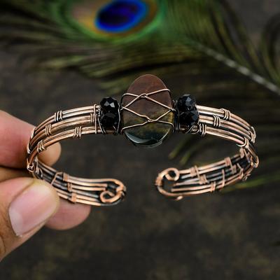 Натуральный гелиотроп, драгоценный камень шпинель, медная проволока, оплетка, браслет-манжета, регулируемый u1F49