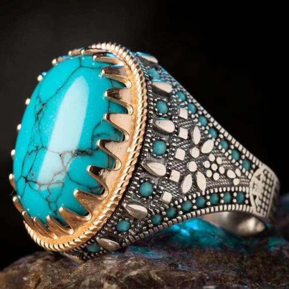 Handmade Turkish Jewelry Big Oval Natural Turquoise Stone Rings For Men Retro Green Red Blue Zircon Wedding Rings For Women
