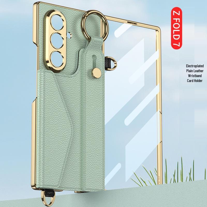 Samsung Z Fold7 Wristband Case: Fashionable Electroplated Leather with Card Holder and Lanyard
