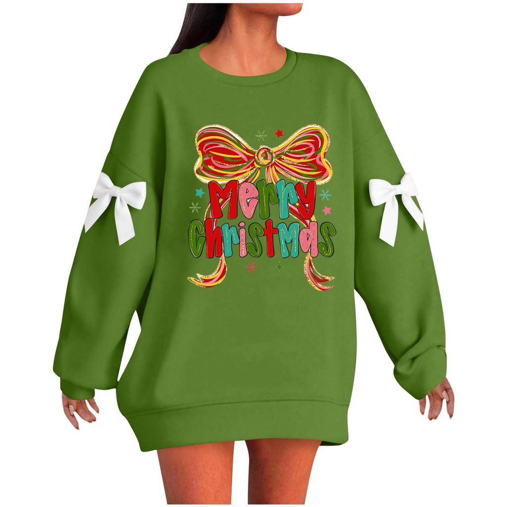 Ladies' Christmas Printed Bow Round Neck Long Sleeved Loose Pullover Sweater Sweatshirt Top