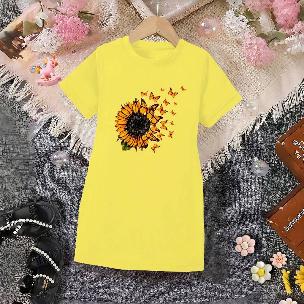Girls' Sunflower Pattern T-Shirt Dress for Summer, Children's Casual Dress