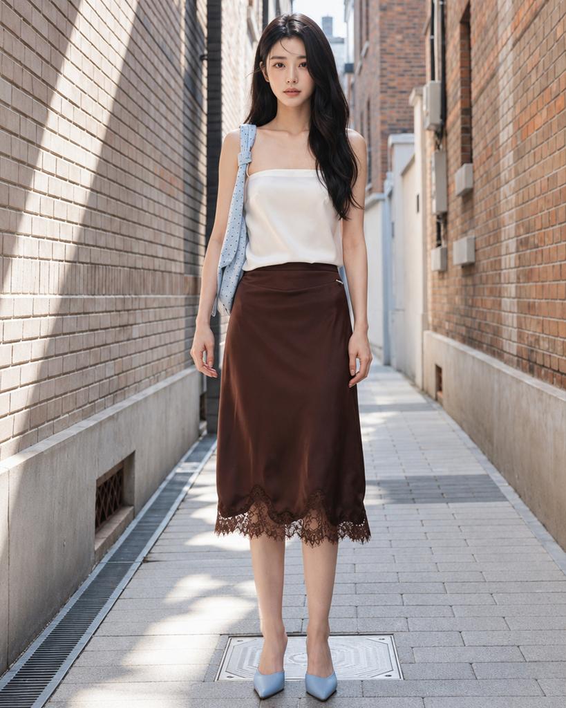 320 Showroom Lace Trim Satin Banding Skirt Brown