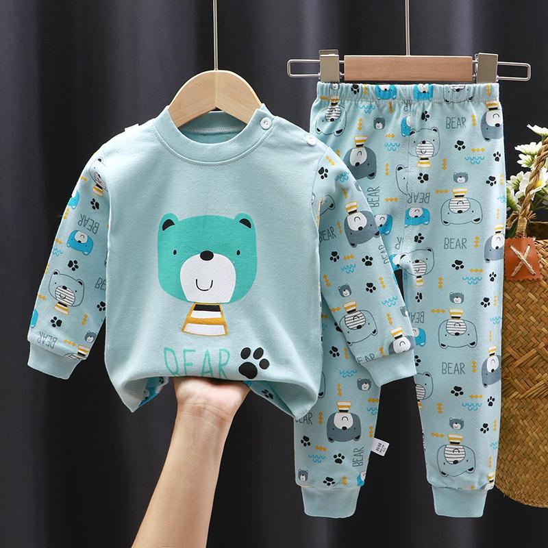 Cartoon Kids 100% Cotton Underwear Set Boys & Girls Thermal Pajamas Soft Long Sleeve Top & Pants Cozy Homewear & Sleepwear