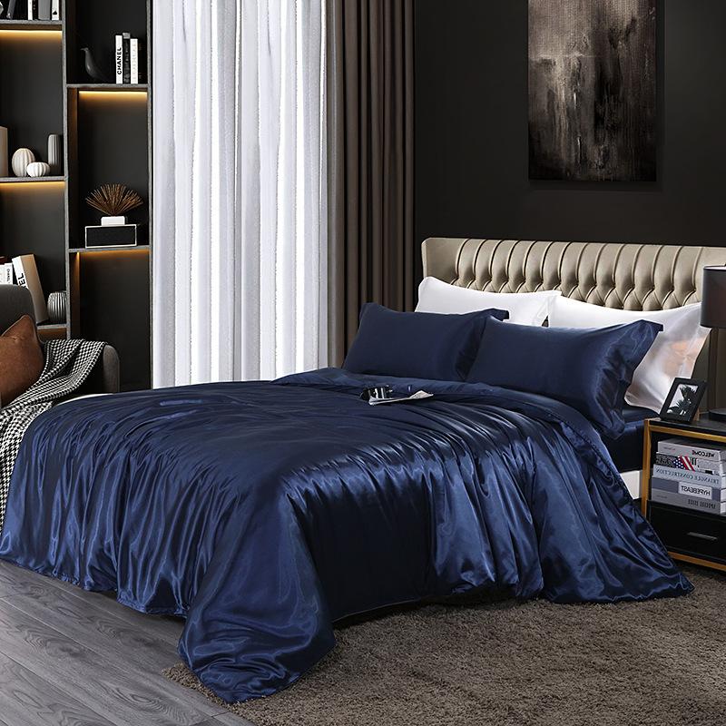 European Solid Color Mulberry Silk Bedding Sets Ice Silk Satin Cooling Bedclothes High Quality Skin-Friendly Smooth Duvet Kit