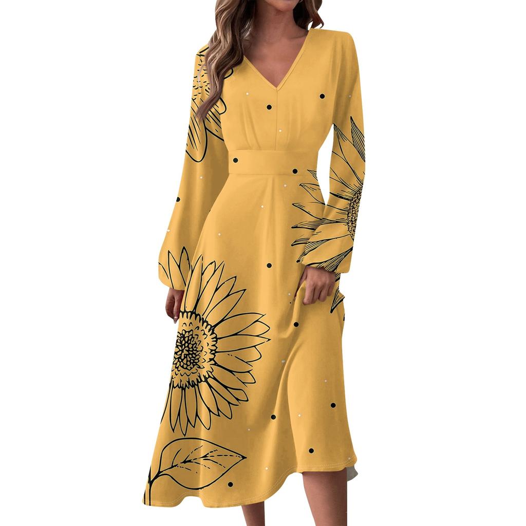 Женское осенне-зимнее повседневное модное длинное платье с v-образным вырезом и длинным рукавом с принтом