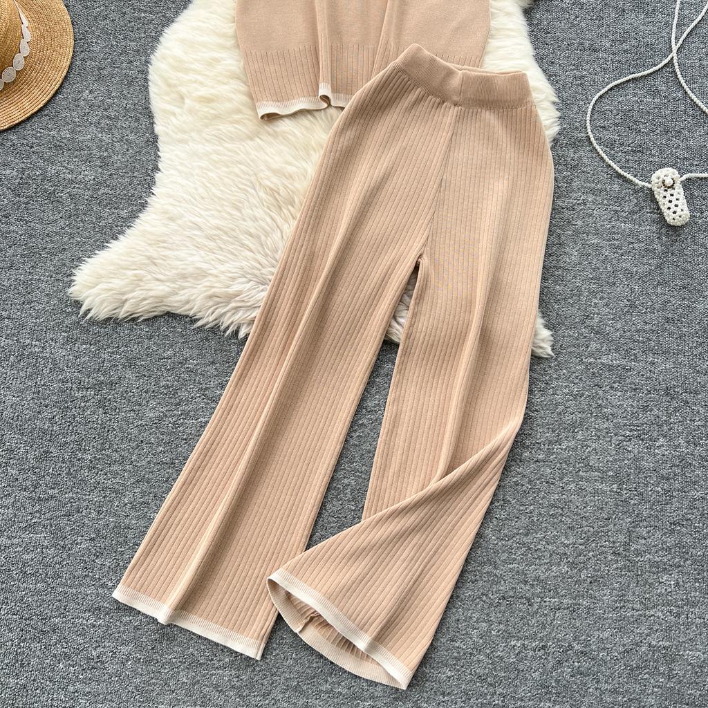 Летний женский трикотажный свитер, брюки, комплект из двух предметов, женский свитер с коротким рукавом, топ и брюки длиной до щиколотки, спортивный костюм