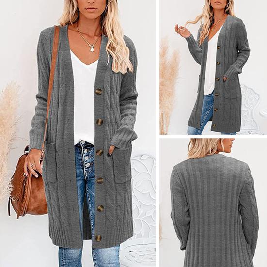 Женский свитер, кардиган с V-образным вырезом, длинным рукавом, перекрученной текстурой, трикотажными топами с карманами, однотонный трикотажный жакет на пуговицах