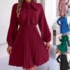 Весна-Осень Женские платья для женщин Платье Простое платье с длинным рукавом Повседневное платье Темпераментное плиссированное однотонное платье со шнуровкой на талии