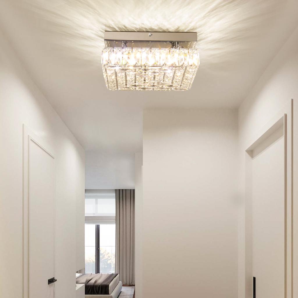 Modern Square Crystal Chandelier LED Small Chandeliers Flush Mount Ceiling Light Fixtures for Bedroom Hallway Foyer 6000K