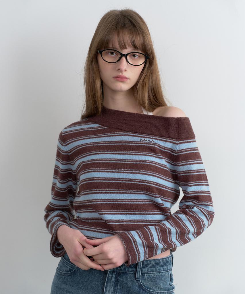 ROLAROLA One Off Shoulder Stripe Knit Br+Bl