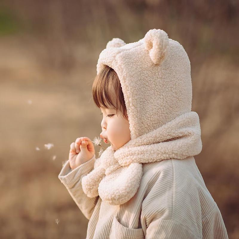 Cute Bear Baby Plush Hat Scarf Winter Lamb Fleece Ear Protection Cap for Toddler Boy Girl Cartoon Warm Kids Beanie Caps