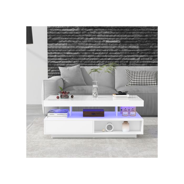 Table basse - MUVOE - 95x50x42,5 cm - 4 plateaux en verre - 2 tiroirs - Blanc brillant