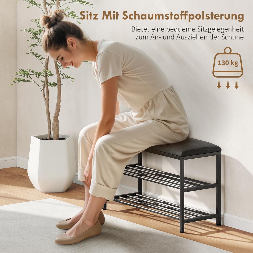 Shoe bench with seat surface, bench with storage space, shoe rack with 2 open compartments, bench 81 x 31 x 50 cm black